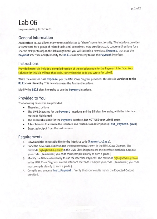 Solved p. 1 of 2 Lab 06 Implementing Interfaces General | Chegg.com image.