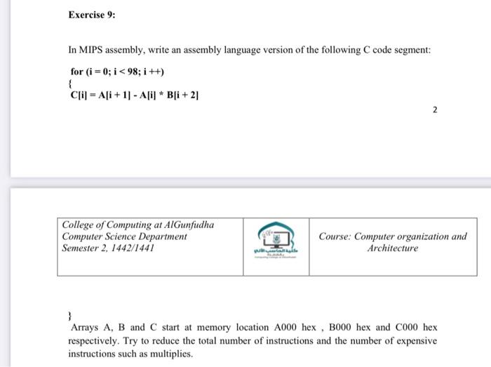 Solved Exercise 9: In MIPS assembly, write an assembly | Chegg.com