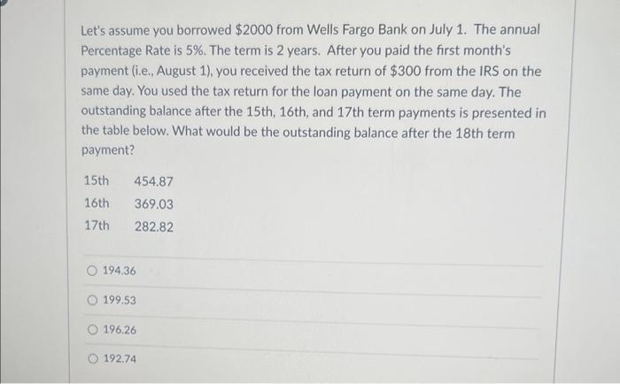 Solved Let's Assume You Borrowed $2000 From Wells Fargo Bank | Chegg.com