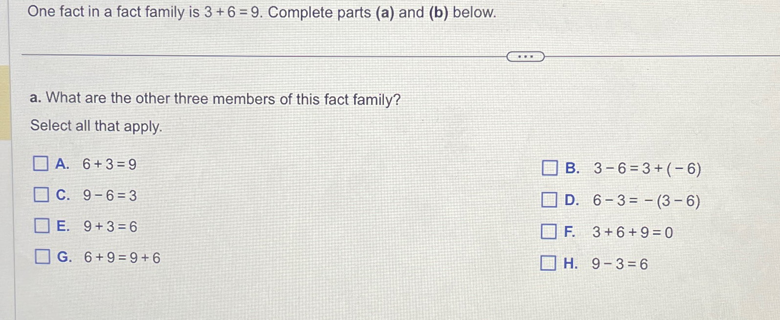 Solved One fact in a fact family is 3+6=9. ﻿Complete parts | Chegg.com