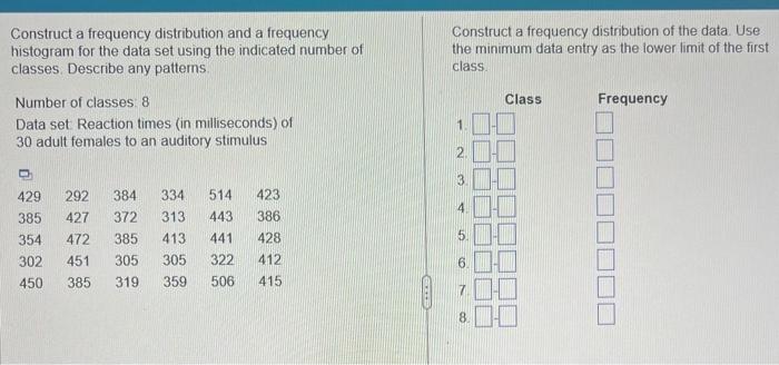 Construct a frequency distribution and a frequency Construct a frequency distribution of the data. Use histogram for the data