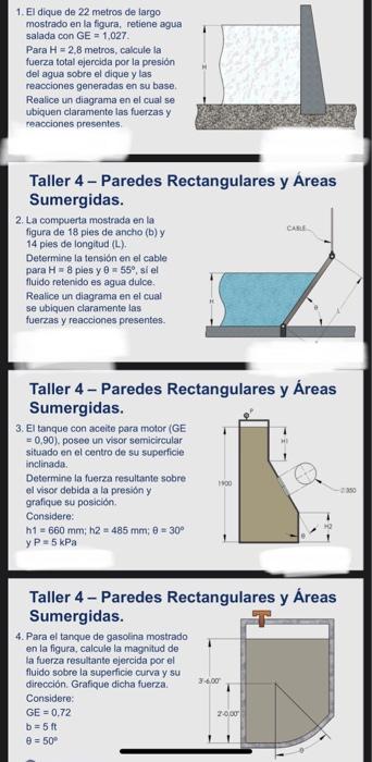 1. El dique de 22 metros de largo mostrado en la figura, retiene agua salada con \( \mathrm{GE}=1,027 \). Para \( \mathrm{H}=