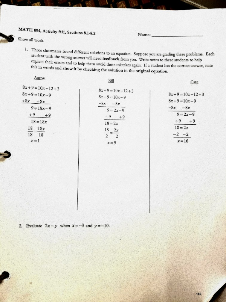 Solved .d 8 ulator Name: 1. Solve the following equations | Chegg.com
