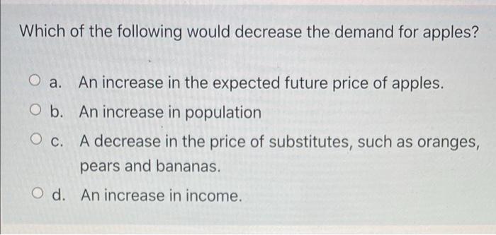Solved Which of the following would decrease the demand for | Chegg.com