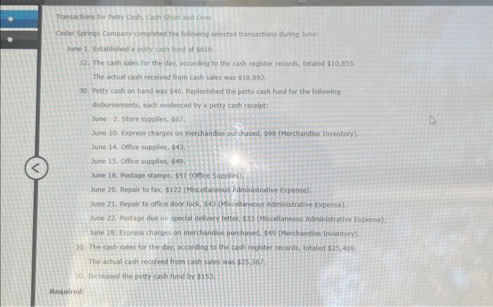 Transactions for Petty Cash, Cash Short and Over | Chegg.com
