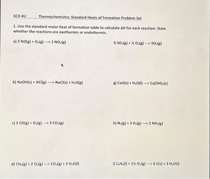 Solved SCH4U Thermochemistry Standard Heats of Formation