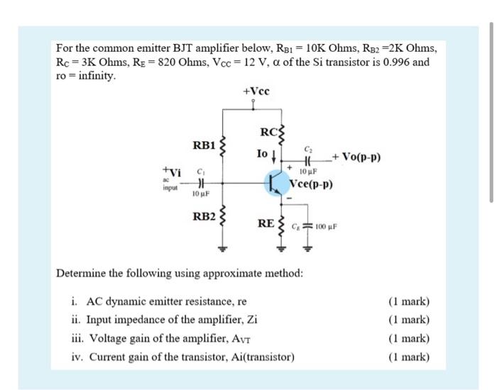 Solved For the common emitter BJT amplifier below, RB1 = 10K | Chegg.com