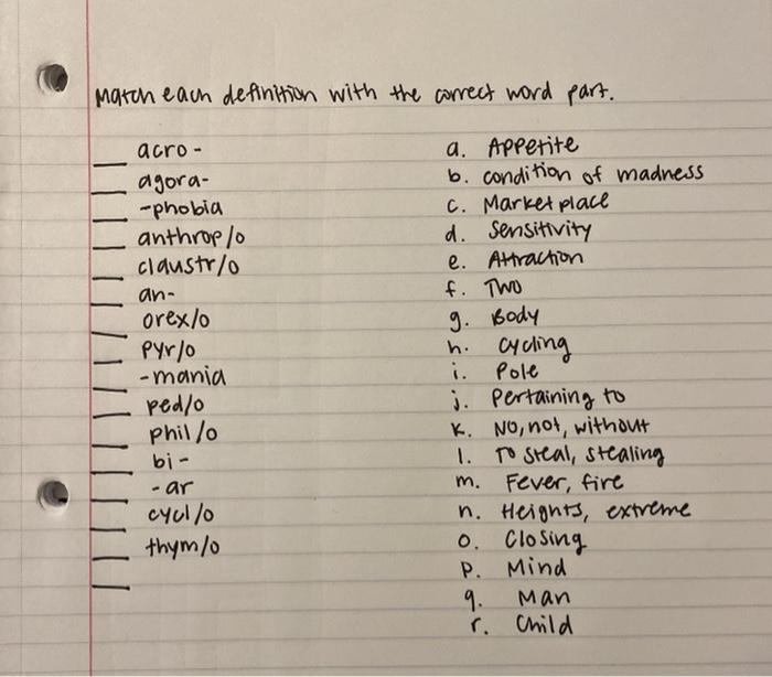 Solved match each definition with the correct word part. a.