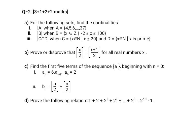 Solved A) For The Following Sets, Find The Cardinalities: I. | Chegg.com