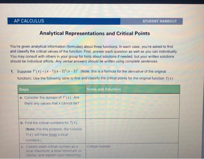 Solved AP CALCULUS STUDENT HANDOUT Analytical | Chegg.com