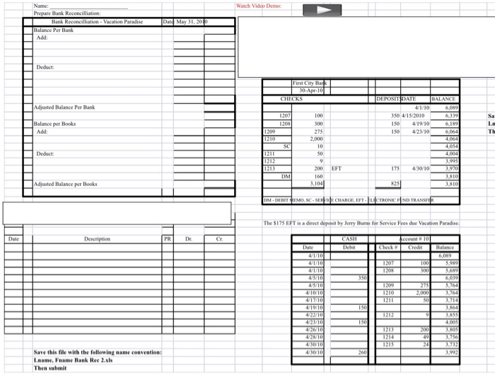 Solved Watch Video Demo Name: PrepareBank Reconciliation | Chegg.com