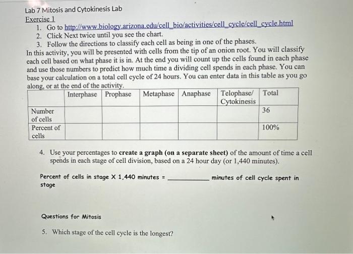 Lab 7 Mitosis and Cytokinesis Lab Exercise 1 1. Go to