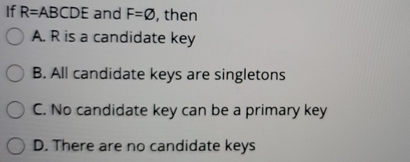 Solved If R Abcde And F O Then O A R Is A Candidate Key Chegg Com