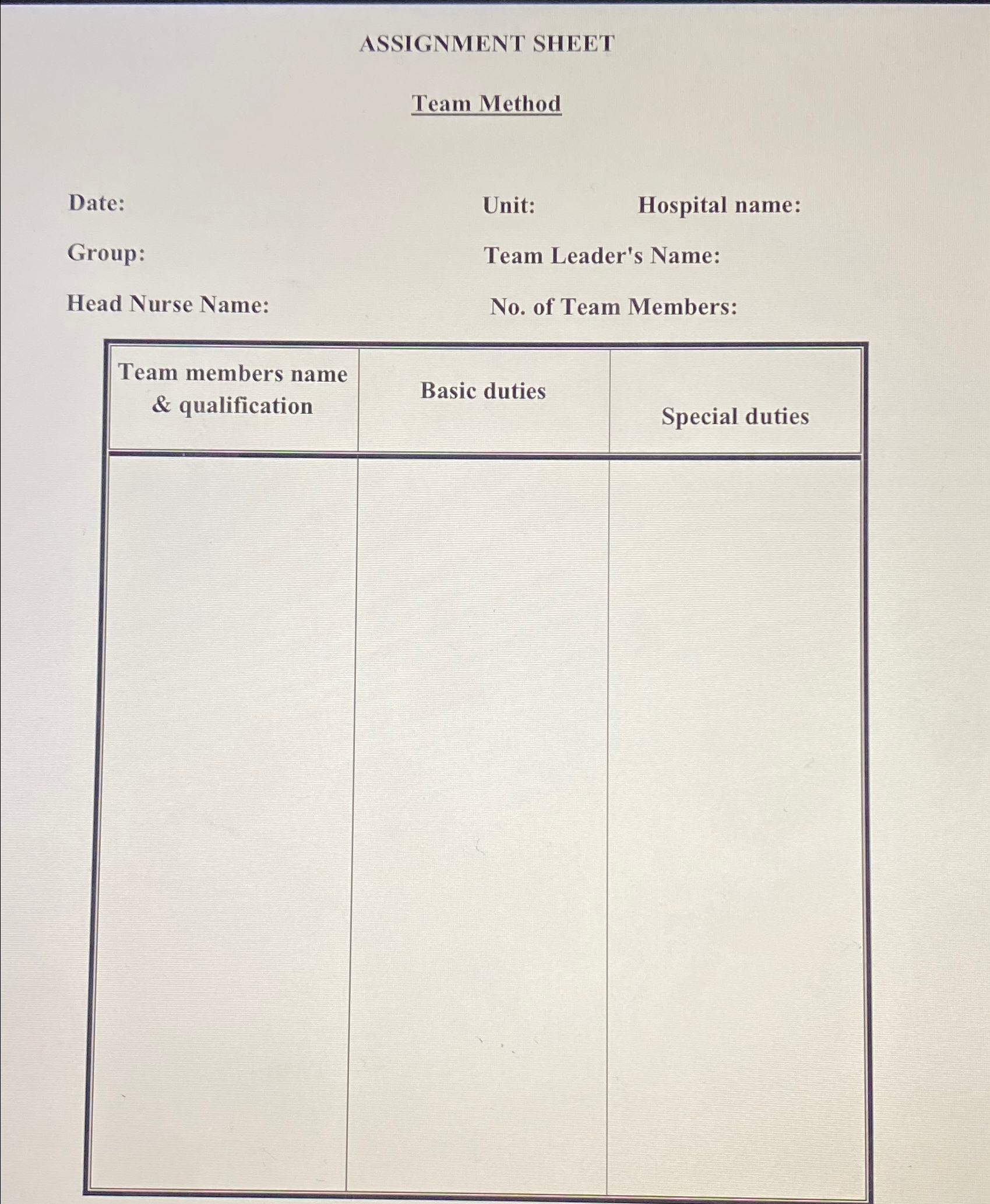 Solved ASSIGNMENT SHEETTeam MethodDate:Unit:Hospital | Chegg.com