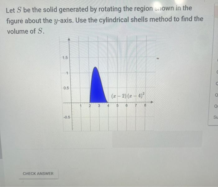 Let \( S \) be the solid generated by rotating the region shown in the figure about the \( y \)-axis. Use the cylindrical she