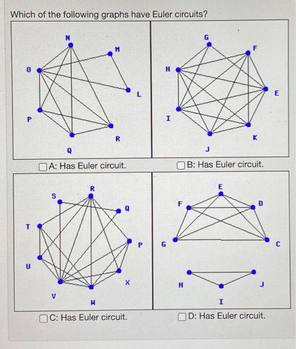 Solved Which Of The Following Graphs Have Euler Circuits? A: | Chegg.com