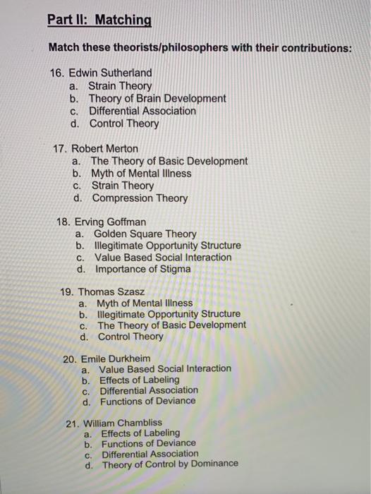 Solved Part II: Matching Match These Theorists/philosophers | Chegg.com