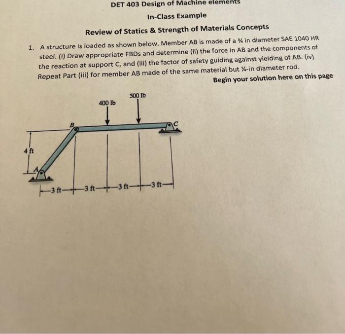 Solved Review of Statics \& Strength of Materials Concepts