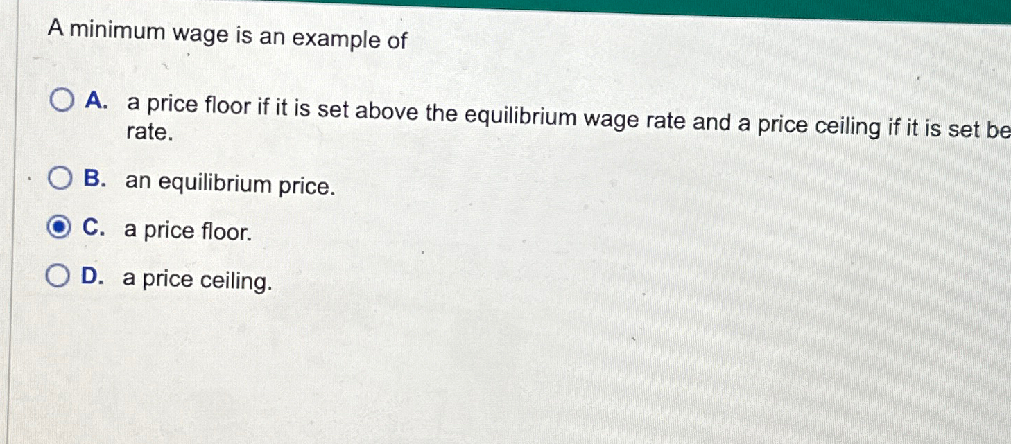 Solved A minimum wage is an example ofA. ﻿a price floor if | Chegg.com