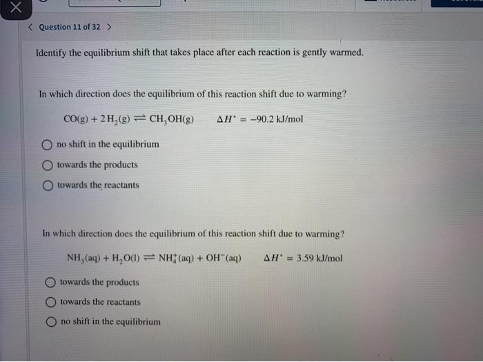 Solved Х Question 11 of 32 > Identify the equilibrium shift | Chegg.com