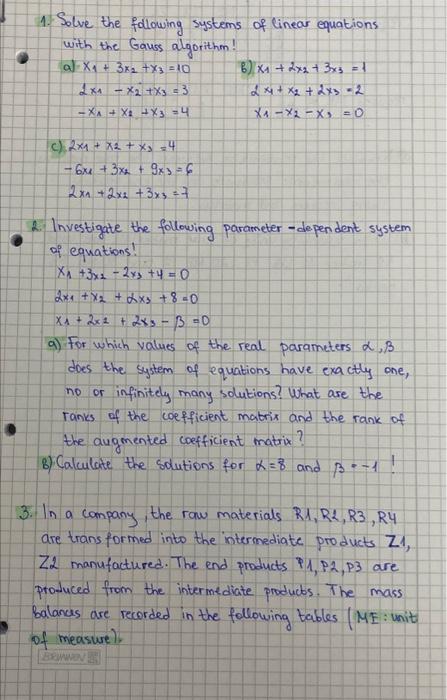 Solved 1. Solve the following systems of linear equations | Chegg.com