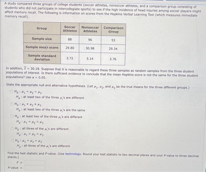 Solved A study compared three groups of college students | Chegg.com