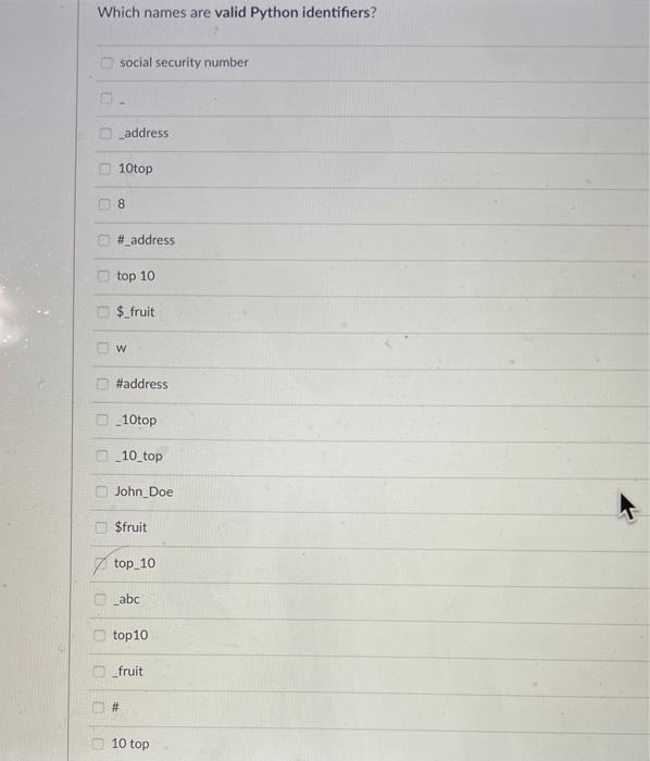 Solved Which names are valid Python identifiers? social | Chegg.com