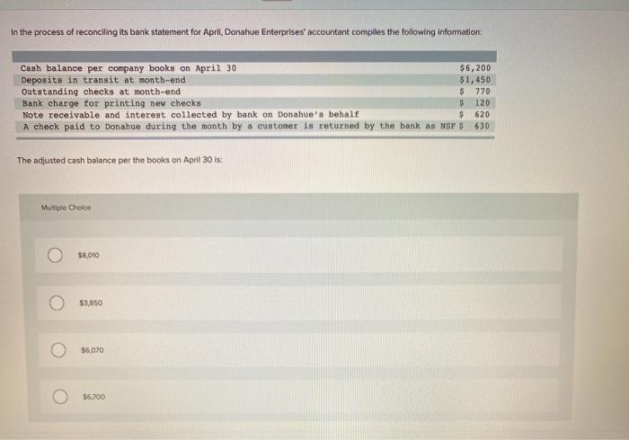 Solved In The Process Of Reconciling Its Bank Statement For | Chegg.com