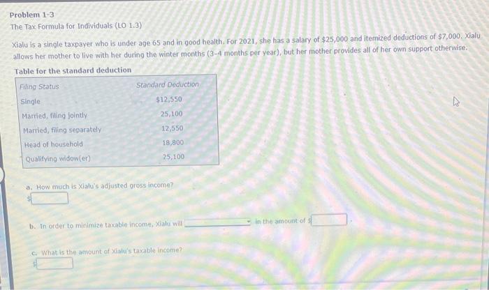 Solved Problem 1-3 The Tax Formula for Individuals (LO 1.3) | Chegg.com