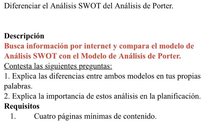 Diferenciar el Análisis SWOT del Análisis de Porter. Descripción Busca información por internet y compara el modelo de Anális