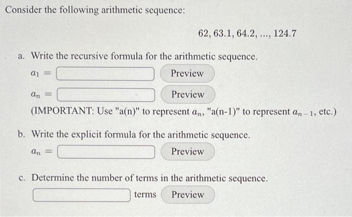 Solved Consider the following arithmetic sequence: | Chegg.com