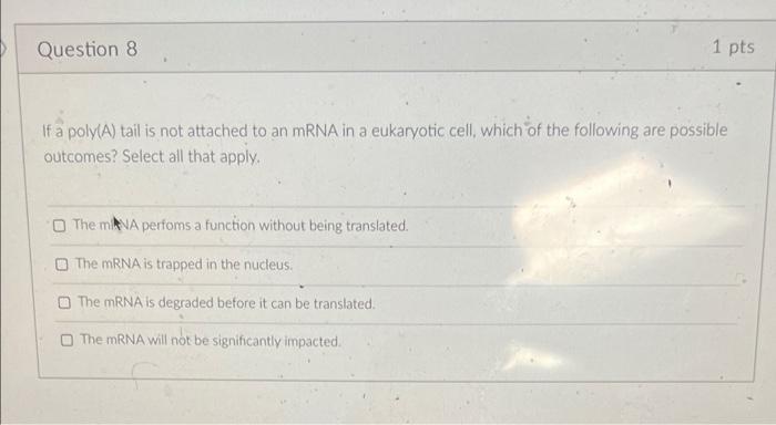 Solved Question 8 1 pts If a poly(A) tail is not attached to | Chegg.com