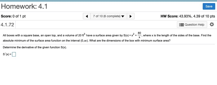Solved Save Homework: 4.1 Score: 0 of 1 pt 4.1.72 7 of 10 (6 | Chegg.com