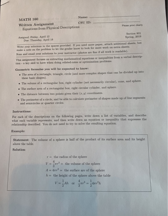 Csu Applied Math Solved Name: MATH 160 CSU ID: Written Assignment Equations | Chegg.com