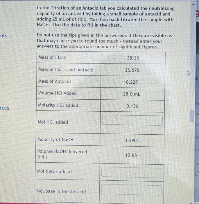 Solved nts rces In the Titration of an Antacid lab you