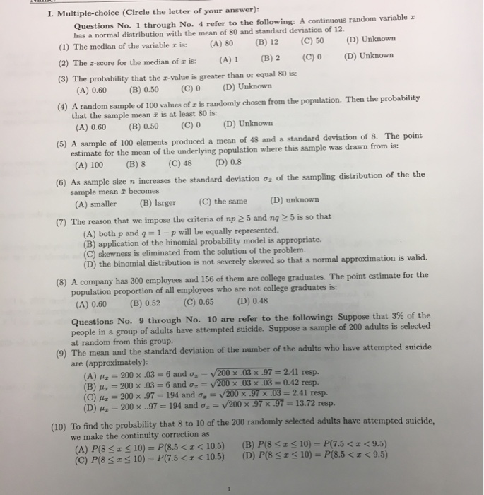 Solved 1. Multiple-choice (Circle The Letter Of Your | Chegg.com