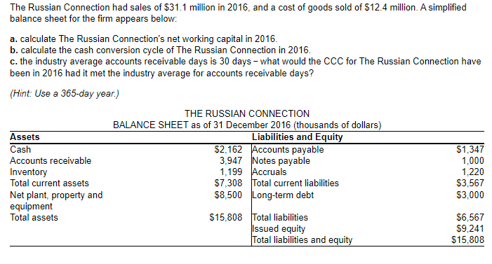 Solved The Russian Connection had sales of $31.1 ﻿million in | Chegg.com