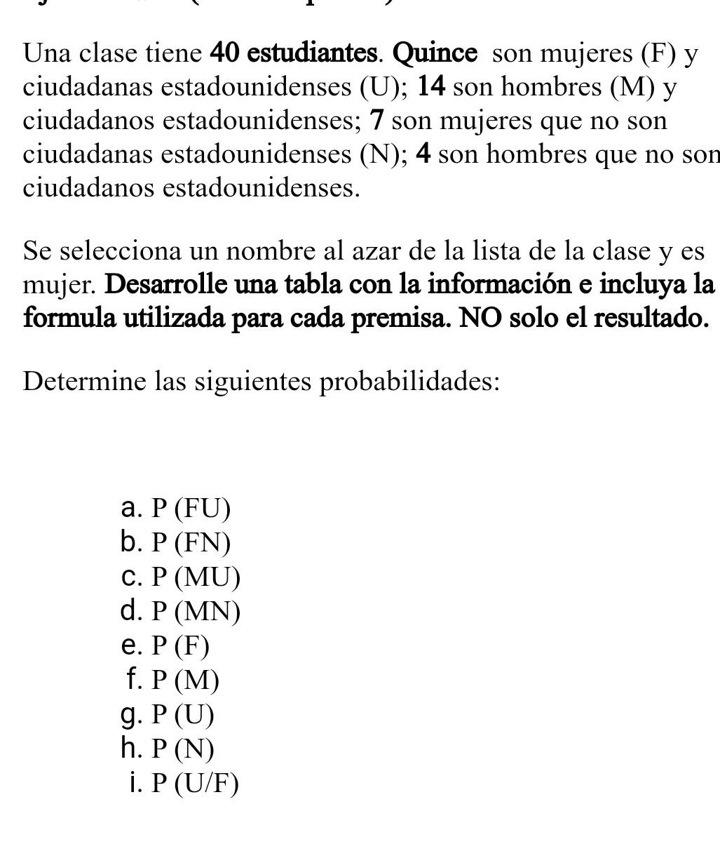 Una clase tiene 40 estudiantes. Quince son mujeres (F) y ciudadanas estadounidenses (U); 14 son hombres \( (\mathrm{M}) \) y