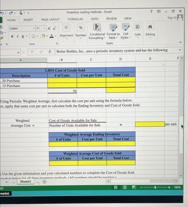 Solved Comparing Inventory Costing Methods Using Excel's | Chegg.com