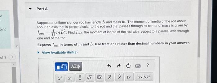 Solved Suppose A Uniform Slender Rod Has Length L And Mass | Chegg.com