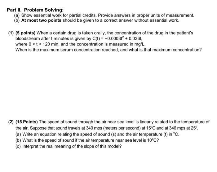 Solved Part II. Problem Solving: (a) Show essential work for | Chegg.com