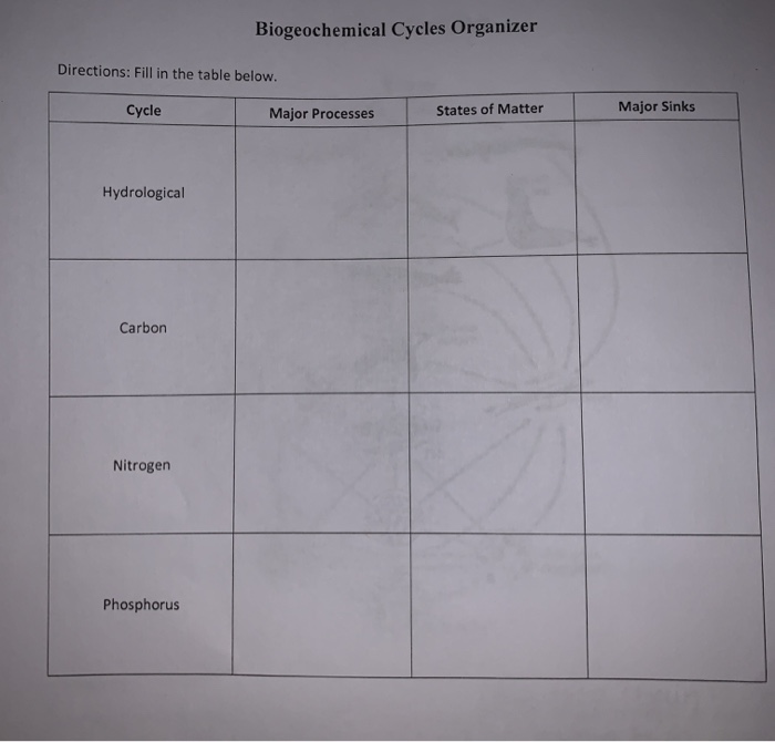 Solved Biogeochemical Cycles Organizer Directions Fill I