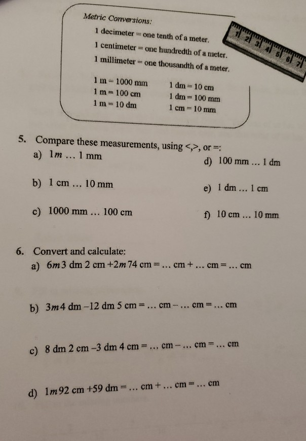 Solved Metric Conversions 1 decimeter one tenth of a Chegg