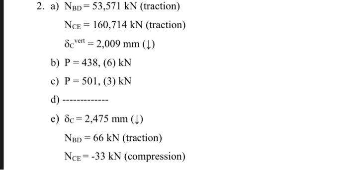 2. a) \( \mathrm{N}_{\mathrm{BD}}=53,571 \mathrm{kN} \) (traction)
\( \mathrm{N}_{\mathrm{CE}}=160,714 \mathrm{kN} \) (tracti