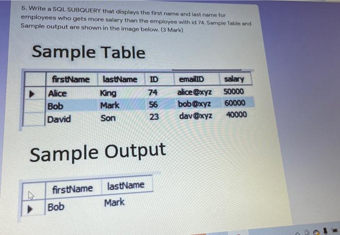 Solved 5. Write a SQL SUBQUERY that displays the first name | Chegg.com