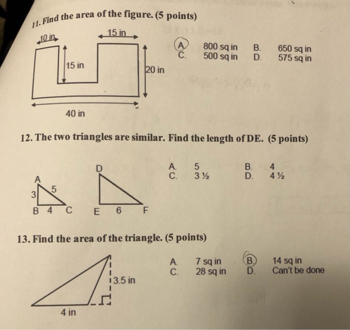 Solved 11. Find the area of the figure. (5 points) 15 in 10 | Chegg.com
