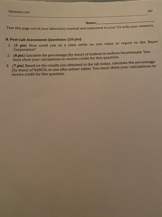 Chemistry 101 107 Name ear this page out of your