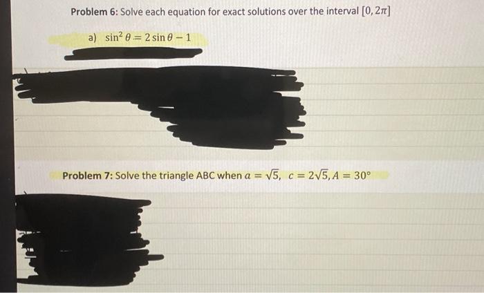 Solved Problem 6: Solve each equation for exact solutions | Chegg.com