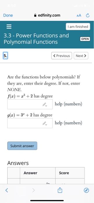 Solved Done edfinity.com АА С C I am finished 3.3 - Power | Chegg.com