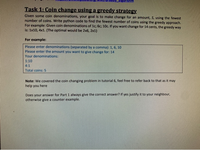 Solved Task 1 Coin change using a greedy strategy Given